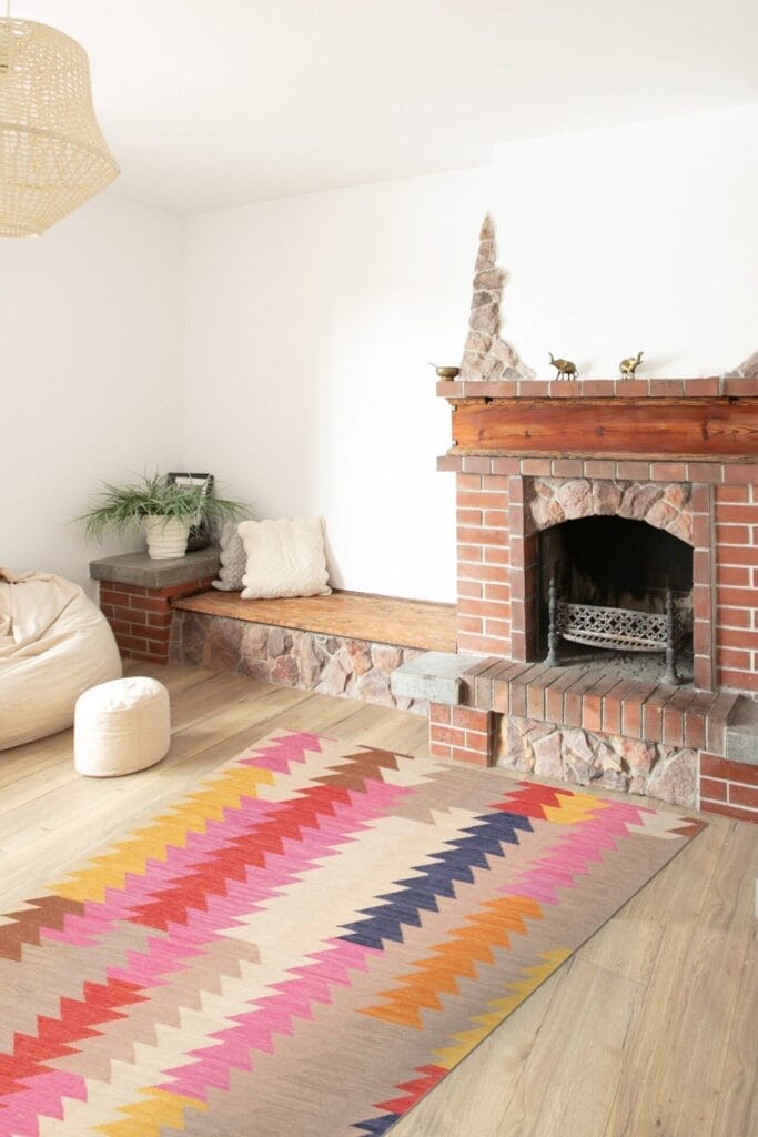 Een gezellige woonkamer met een stenen open haard, een geometrisch tapijt, een bank met kussens, een plant en een poef.