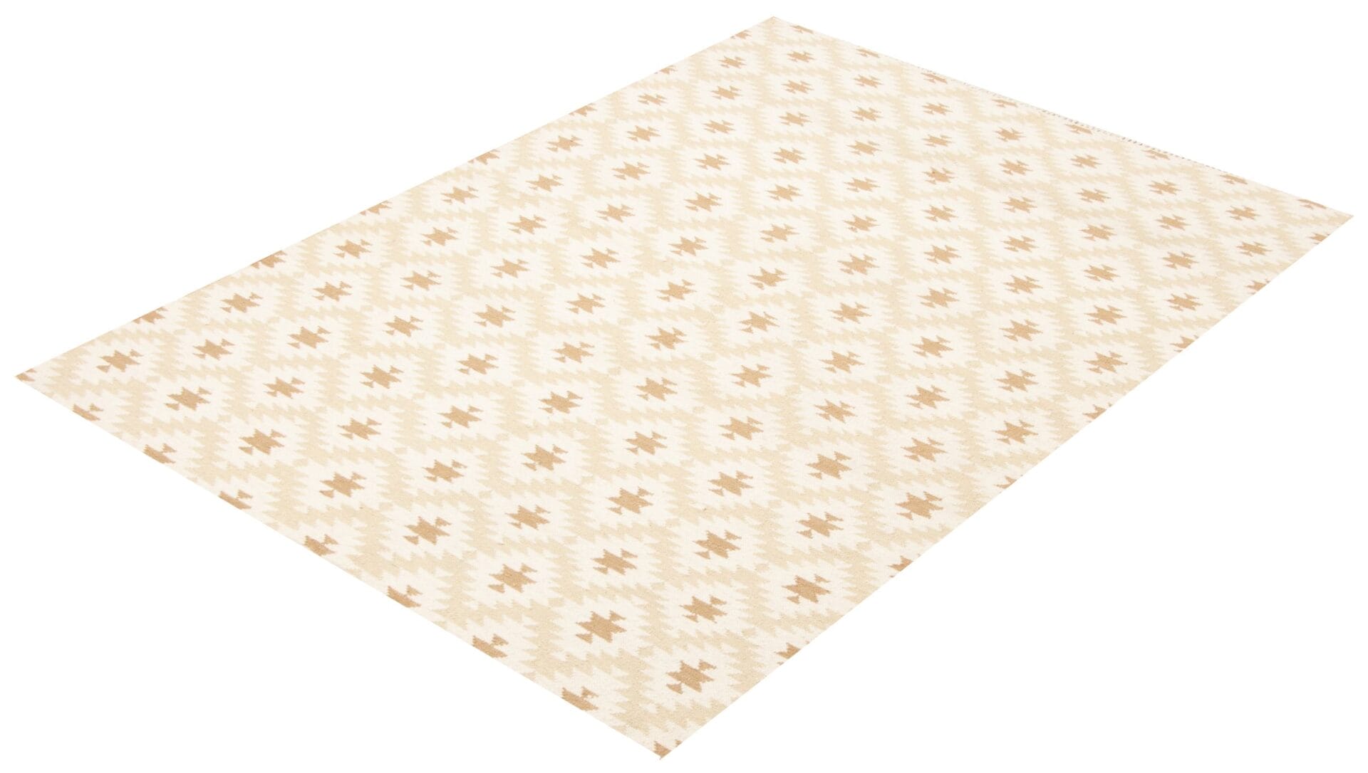 Een rechthoekig beige vloerkleed met een patroon van kleine, gelijkmatig verdeelde sterachtige vormen.