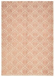 Een Turkse Ankara FW plat geweven wollen kelim met een herhalend ingewikkeld damastpatroon in lichte en donkere perziktinten, met de afmetingen 155 x 221 cm.