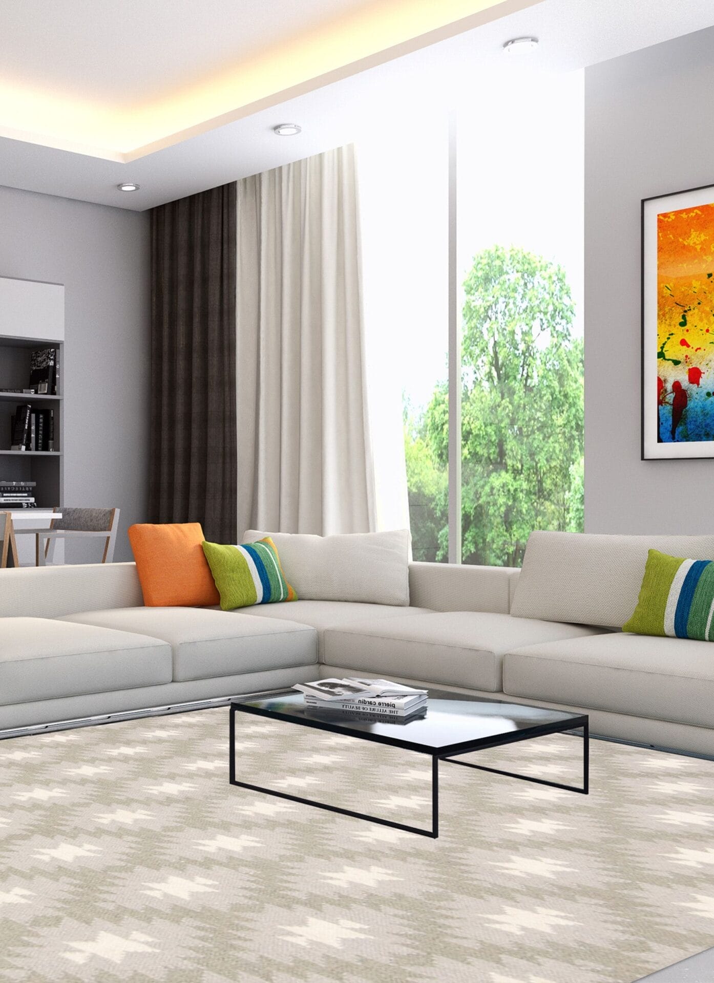 Een moderne woonkamer met een witte sofa, kleurrijke kussens, glazen salontafel, groot raam met gordijnen, een boekenplank en een felgekleurd abstract schilderij aan de muur wordt compleet gemaakt met een stijlvol vloerkleed onder de tafel.