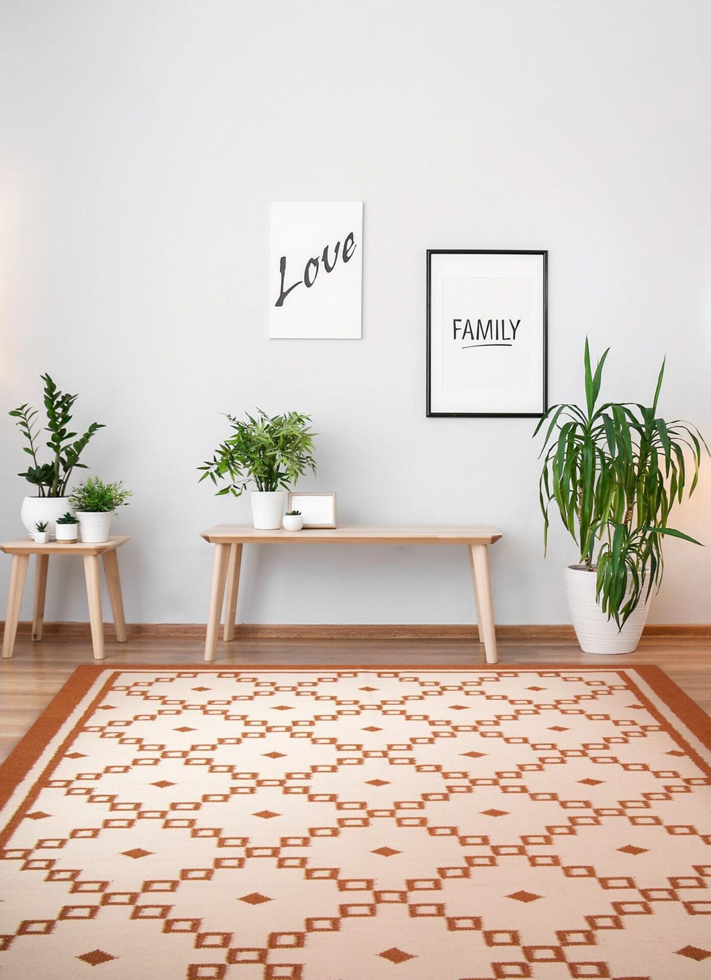 Een minimalistisch interieur met een vloerkleed met een patroon, twee houten banken, potplanten, een “Love” ingelijste print en een “Family” ingelijste print.