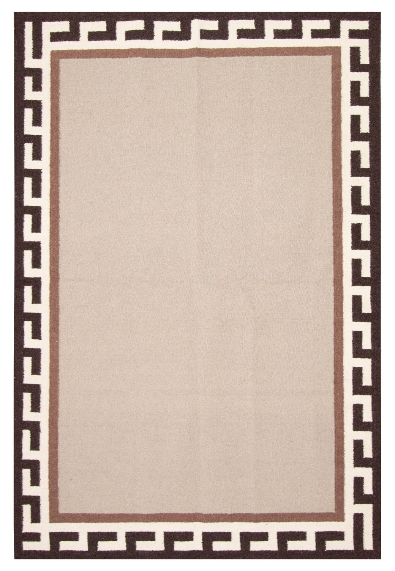 Een rechthoekige beige Turkse Ankara FW platgeweven wollen kelim, 157 x 234 cm met een geometrische Griekse sleutelpatroonrand in zwart en wit.