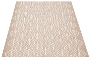 Beige vloerkleed met een wit bladmotief in een herhalend dessin.