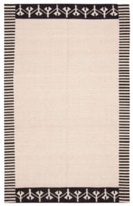 De Turkse Ankara FW plat geweven wollen kelim, met een afmeting van 152 x 244 cm, is een beige tapijt met zwarte randen, met geometrische patronen aan de korte zijden en verticale strepen aan de lange zijden.