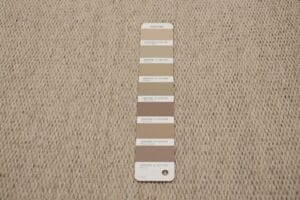 Een Pantone-kleurenstalenboek met verschillende tinten beige en bruin op een beige achtergrond met textuur.