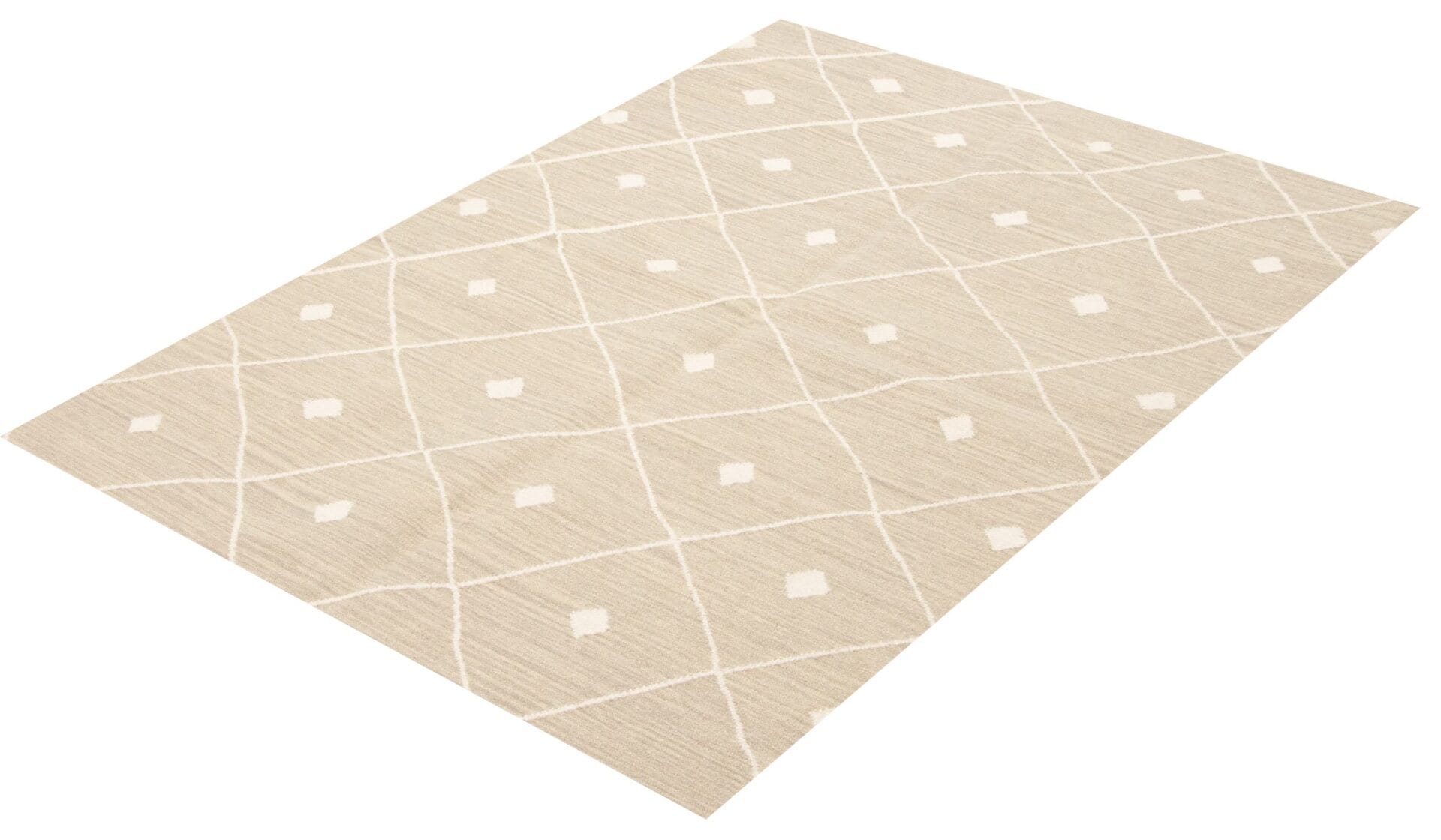 Een rechthoekig beige vloerkleed met een wit geometrisch patroon voorzien van ruiten en kleine stippen.