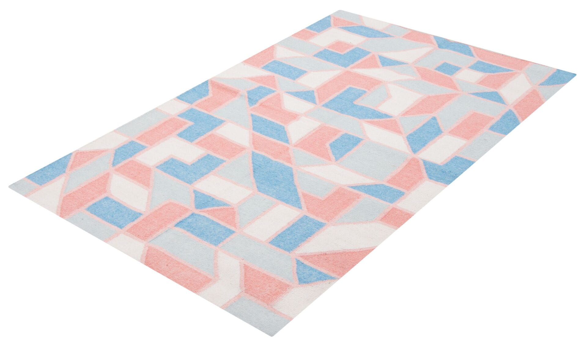 Een rechthoekig vloerkleed met een geometrisch patroon met pasteltinten roze, blauw en wit.