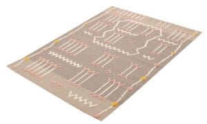 Rechthoekig tapijt met geometrische patronen in wit, roze en geel op een beige achtergrond.