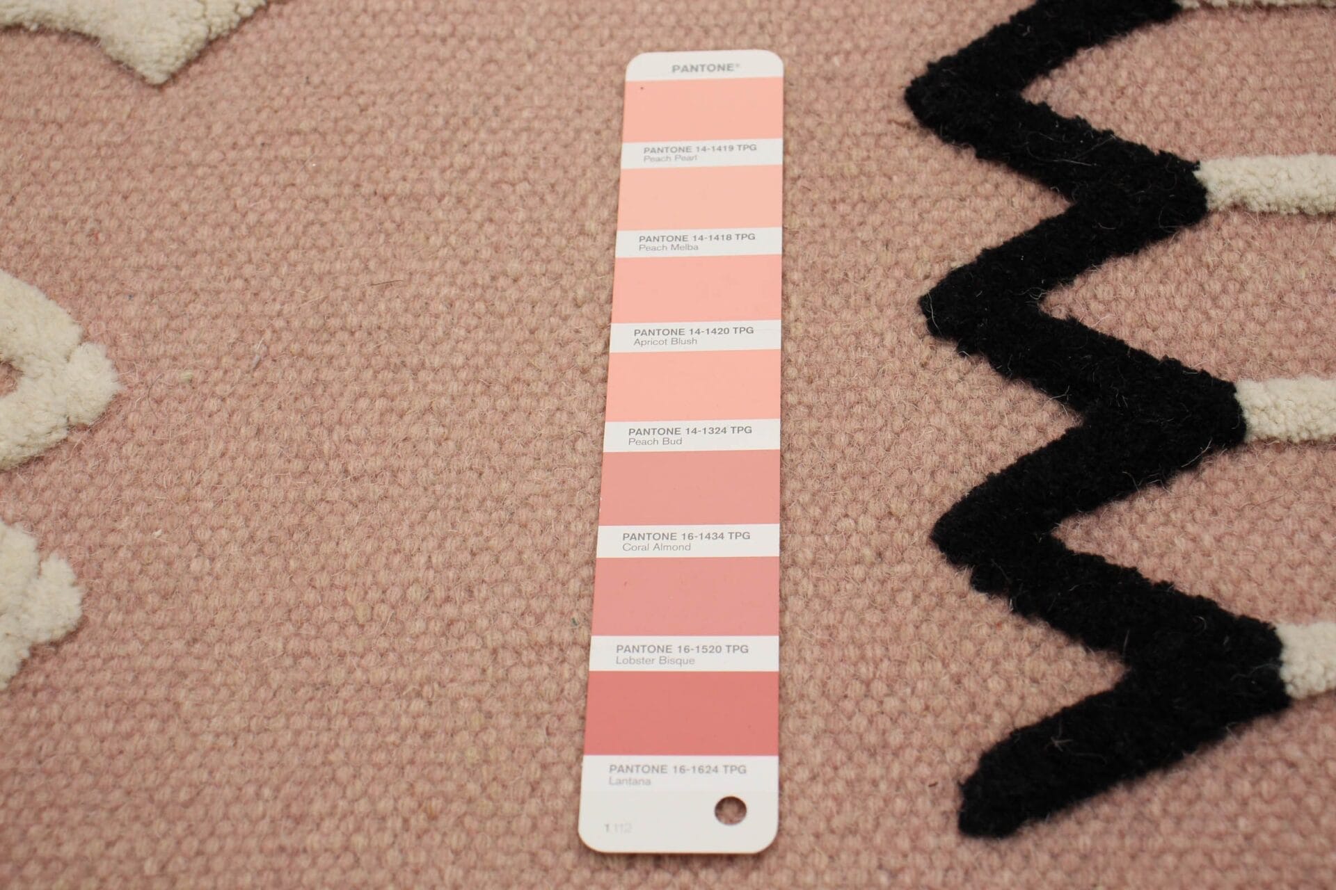 Een roze Pantone-kleurenpalet met verschillende tinten verticaal gerangschikt op een roze gestructureerde achtergrond, geflankeerd door witte en zwarte zigzagpatronen, die doen denken aan een stijlvol tapijt.