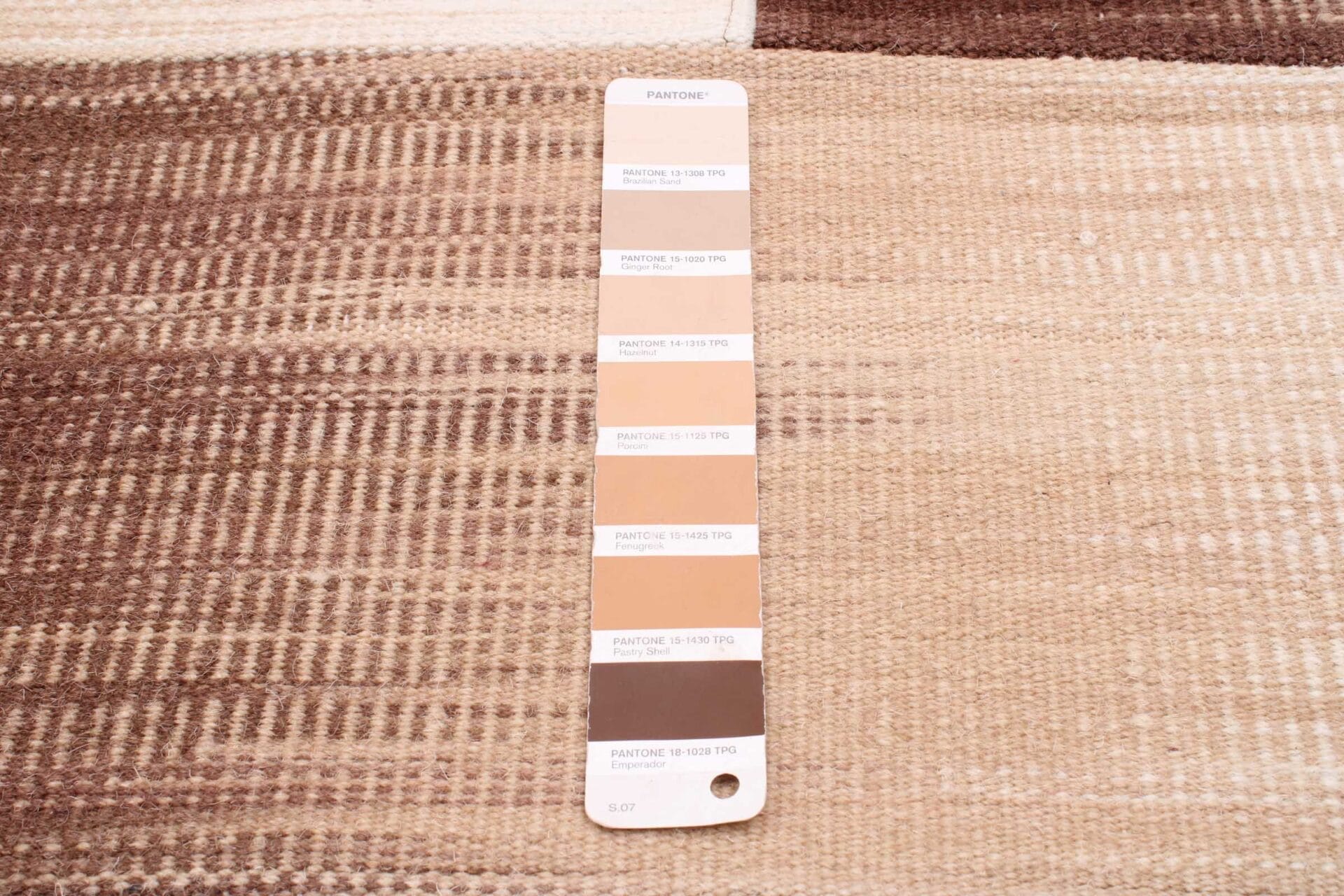 Een Pantone-kleurenkaart met verschillende bruintinten wordt op een beige en bruin getextureerd tapijt geplaatst.