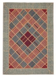 Ingewikkeld geometrisch vloerkleed, ook bekend als Turks Ottomaans Yama Patchwork Flat-Weave Wollen Tapisserie Kelim tapijt of vloerkleed, met een ruitpatroon in rode, blauwe en beige tinten, met een lichtblauwe rand (170 x 239 cm).