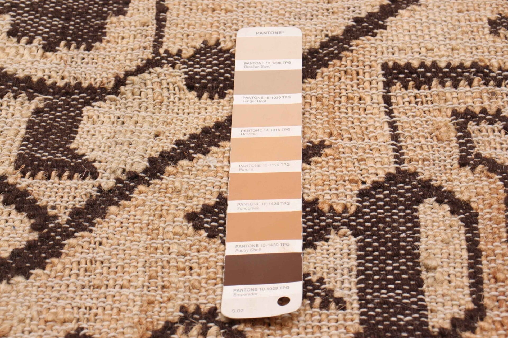 Een Pantone-kleurstaal met verschillende tinten beige en bruin is op een geweven tapijtachtergrond met een patroon geplaatst.