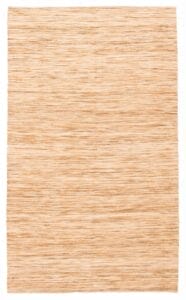 Een beige rechthoekige Turkse Ankara FW platgeweven wollen kelim, 150 x 239 cm met subtiele horizontale lijnen in variërende lichtbruine tinten. De textuur lijkt geweven.