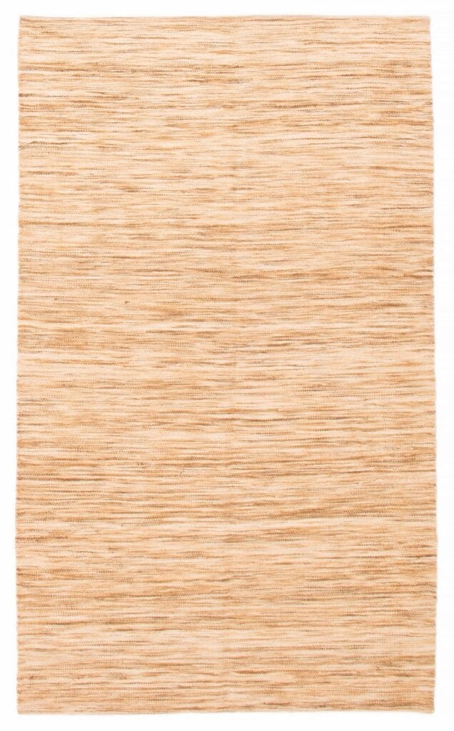 Een beige rechthoekige Turkse Ankara FW platgeweven wollen kelim, 150 x 239 cm met subtiele horizontale lijnen in variërende lichtbruine tinten. De textuur lijkt geweven.