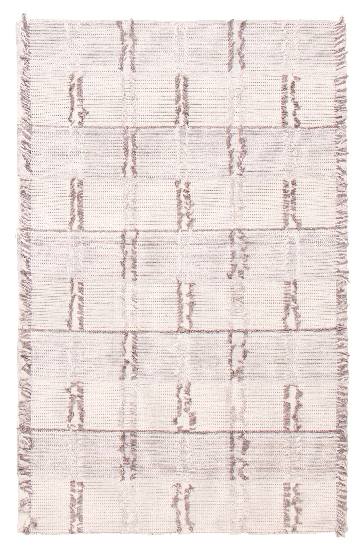 Een stijlvol tapijt, de Indiase Marrakech plat geweven wollen kelim (152 x 236 cm), is een rechthoekig geweven textiel met een geruit patroon in beige en grijze tinten en heeft franjeranden langs de kortere zijden.