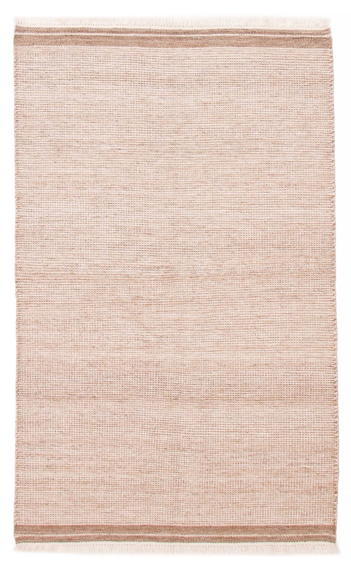 Een Indiase Marrakech platgeweven wollen kelim, afmeting 160 x 249 cm, in beige met subtiele horizontale strepen en franjes langs de kortere randen.