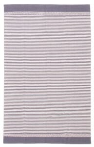 Een rechthoekige Indiase Marrakech platgeweven katoenen kelim van 152 x 244 cm, met dunne horizontale zwart-witte strepen met een effen grijze rand aan alle zijden.
