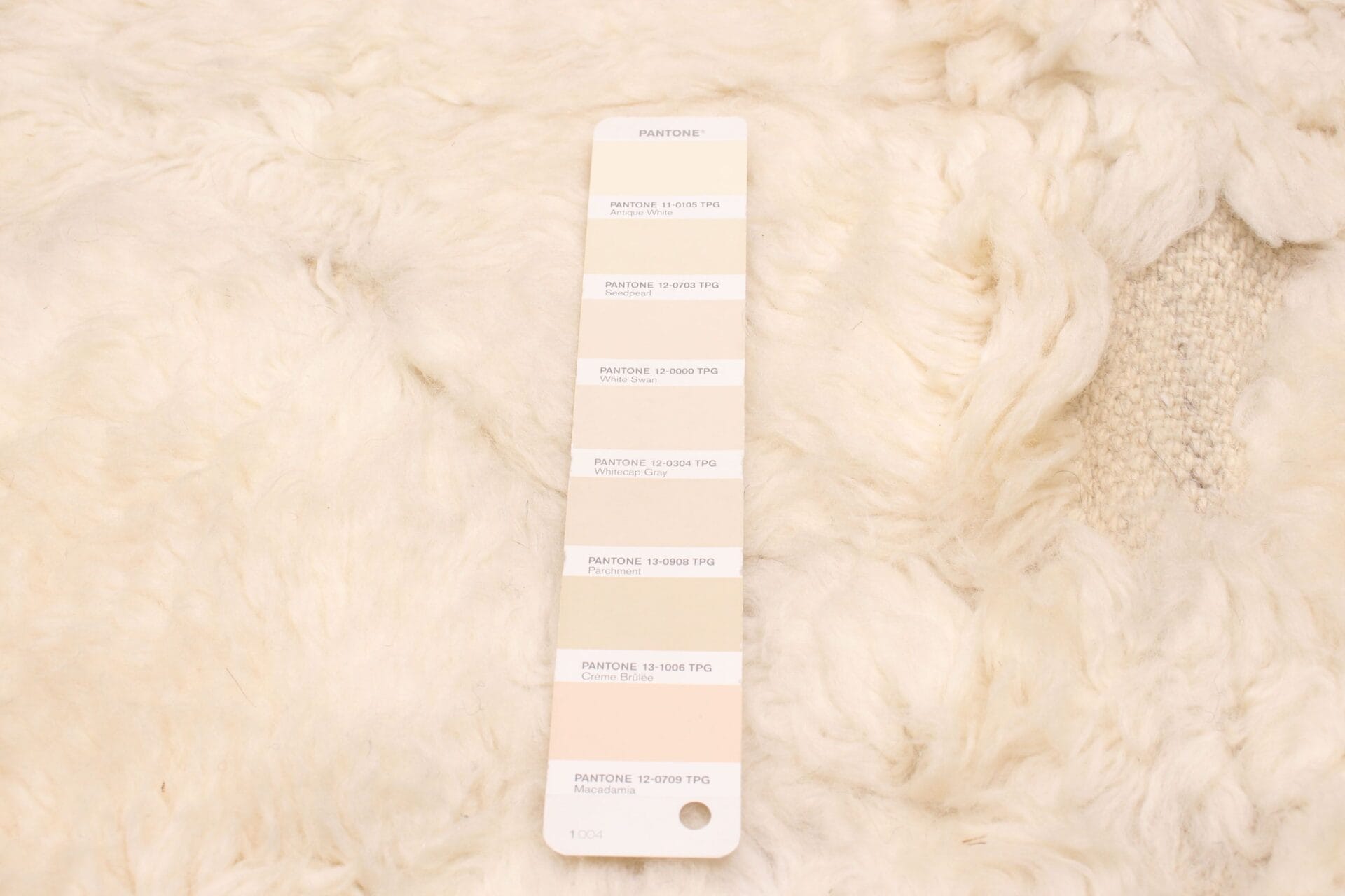 Onder een Pantone-kleurenkaart met verschillende wittinten ligt een witte stof of vloerkleed.