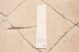 Een Pantone-kleurstaal ligt op een beige pluchen vloerkleed met een geometrisch patroon.