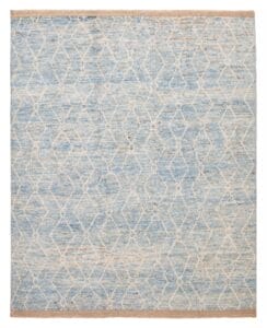 Een blauw en beige Pak Pak Fijnste Marrakech Handgeknoopt Wollen Vloerkleed, 257 x 307 cm, met een geometrisch ruitpatroon.