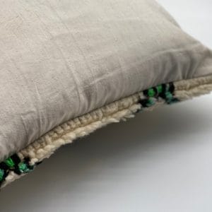 Een close-up van een beige kussen met een gestructureerde rand, met groene en donkere accenten.