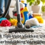 Een stofzuiger op een tapijt omringd door schoonmaakmiddelen. De tekst luidt: "8 Tips Voor Vlekken Uit Tapijt Verwijderen".