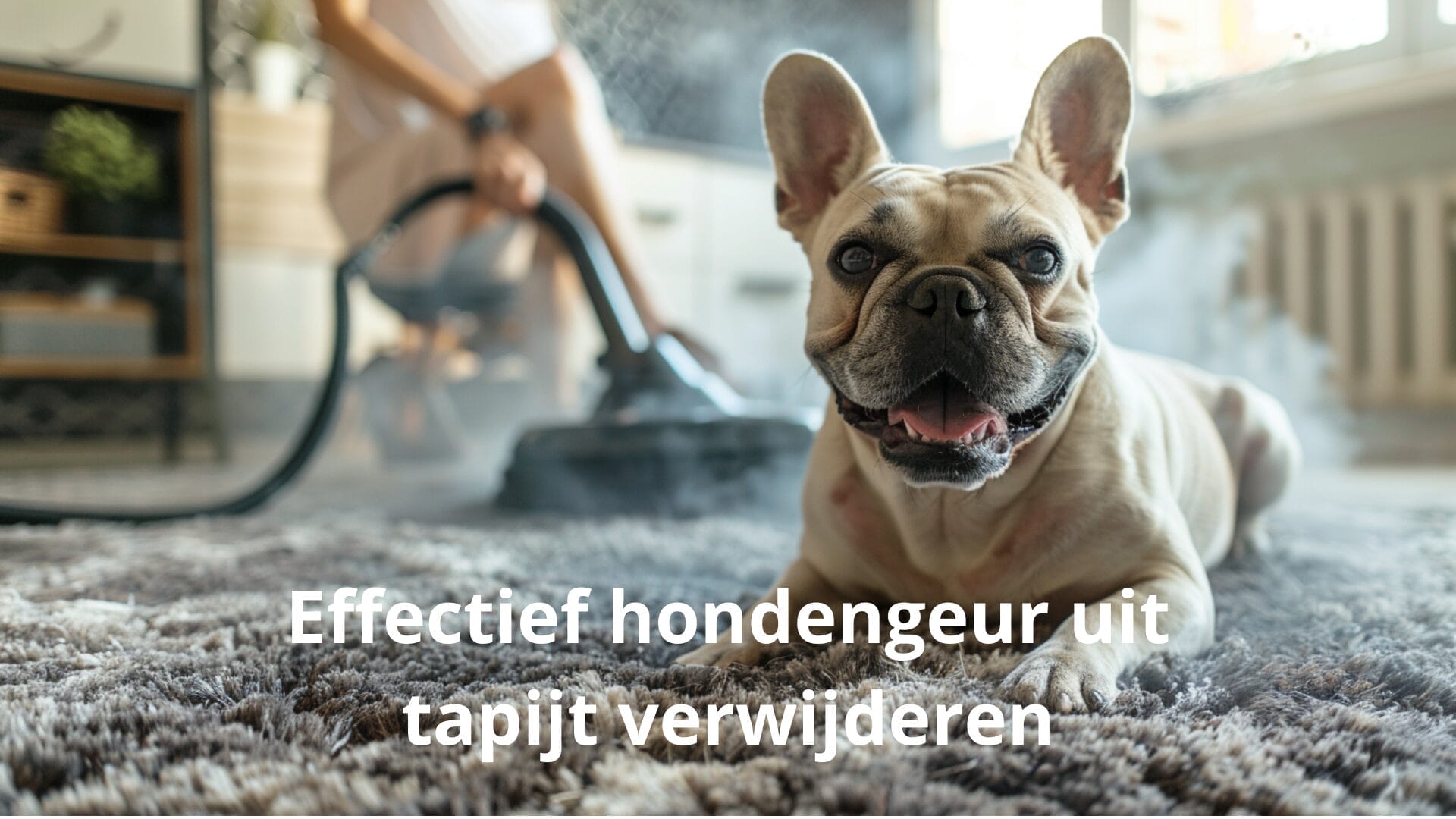 Een Franse Bulldog zit op een tapijt terwijl iemand een stoomreiniger gebruikt op het tapijt erachter. De tekst in het Nederlands luidt: "Effectief hondengeur uit tapijt verwijderen", wat betekent "Effectief hondengeur verwijderen uit tapijt.