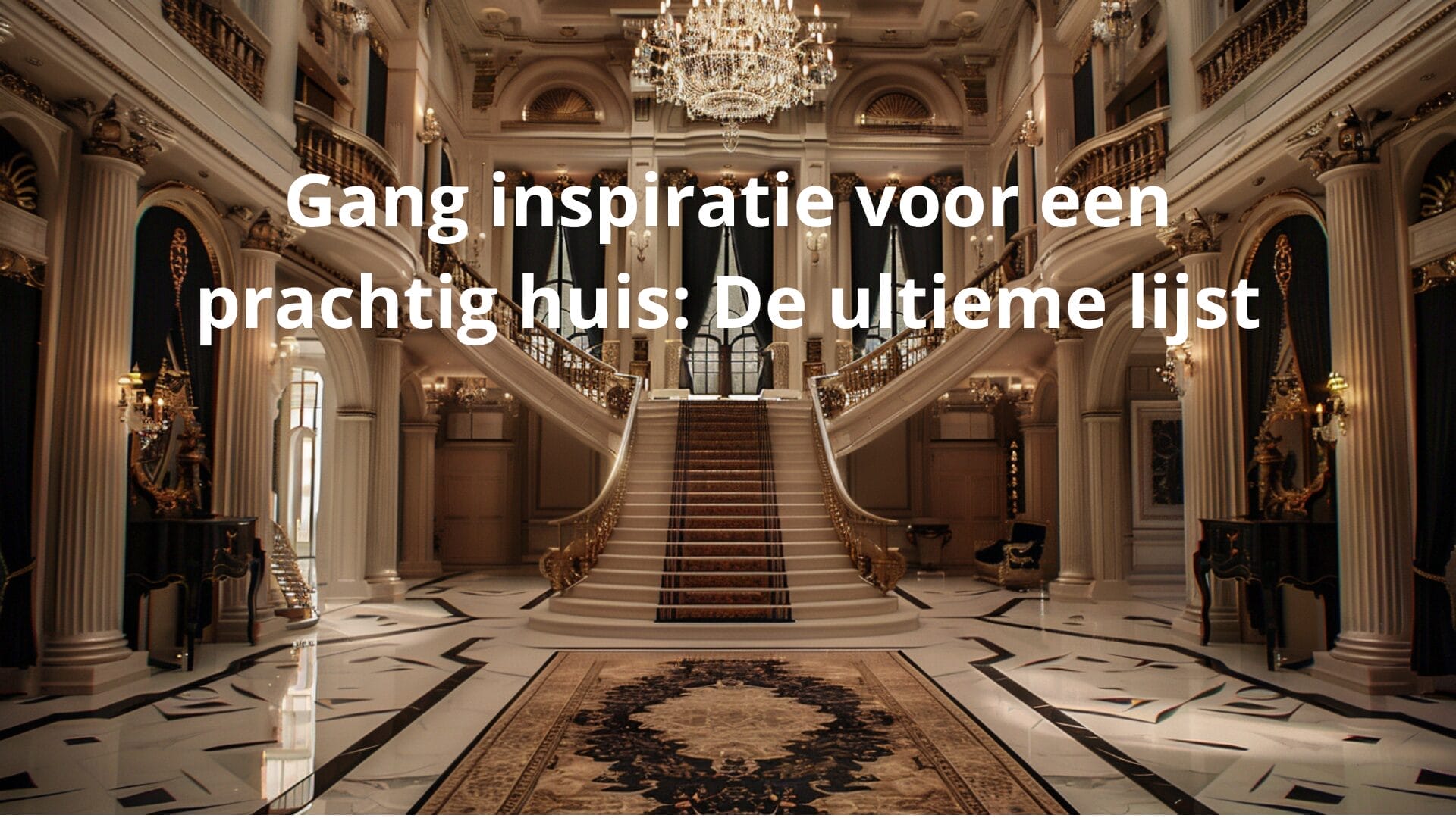 Grote trap in een luxueus herenhuis met sierlijke kroonluchters en marmeren vloeren, aangevuld met een elegant tapijt, met tekst in het Nederlands: "Gang inspiratie voor een prachtig huis: De ultieme lijst".