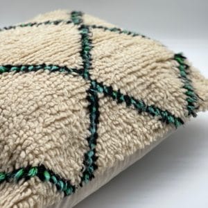 Een close-up van een beige kussen met een structuur en zwarte en groene kruispatronen.