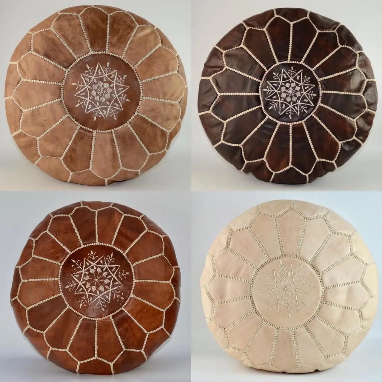 Four round leather poufs with intricate embroidered patterns are displayed in a grid. The poufs are in the colors brown, dark brown, light brown, and beige.