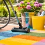 Een persoon ligt buitenkleed op een kleurrijk vloerkleed op een houten vlonder, omringd door emmers en schoonmaakspullen, met bloemen en groene planten op de achtergrond.
