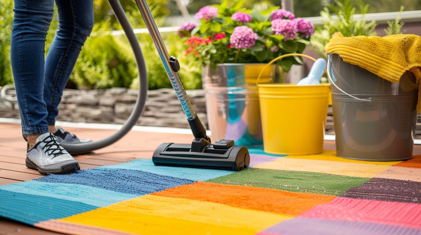 Een persoon ligt buitenkleed op een kleurrijk vloerkleed op een houten vlonder, omringd door emmers en schoonmaakspullen, met bloemen en groene planten op de achtergrond.