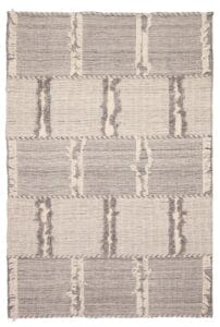 De Indiase Marrakech platgeweven wollen kelim, met een afmeting van 155 x 234 cm, is een rechthoekig vloerkleed met een rasterpatroon van afwisselend licht- en donkergrijze structuurvierkanten met franjedetails aan de kortere zijden.