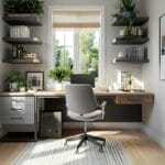 Een modern thuiskantoor met werkplekinspiratie, met een bureau, draaistoel, computer, planken met planten en boeken. Het grote raam baadt de ruimte in helder natuurlijk licht, waardoor de lichte houten vloer wordt benadrukt voor een verkwikkende werkomgeving.