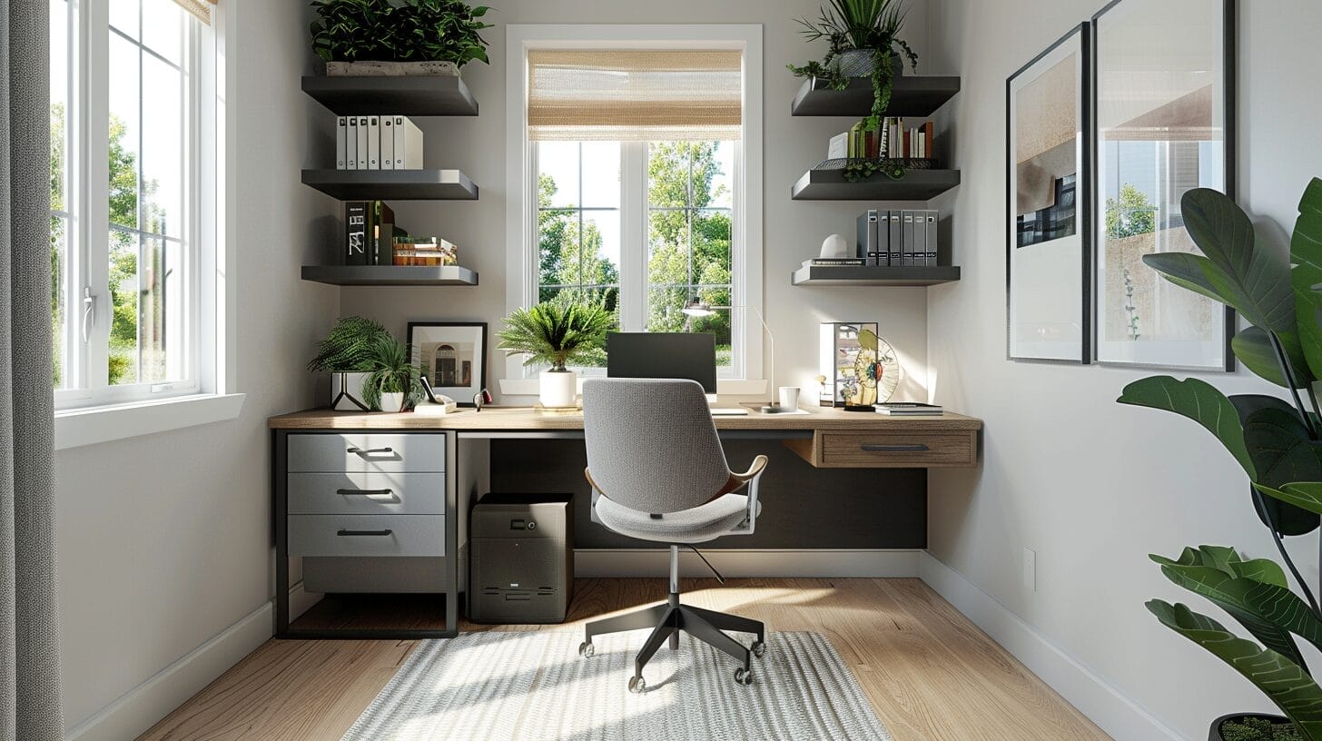 Een modern thuiskantoor met werkplekinspiratie, met een bureau, draaistoel, computer, planken met planten en boeken. Het grote raam baadt de ruimte in helder natuurlijk licht, waardoor de lichte houten vloer wordt benadrukt voor een verkwikkende werkomgeving.
