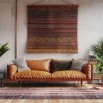 Een gezellige woonkamer met een bruine leren bank, diverse kussens met patronen en een opvallend vloerkleed aan de muur. Binnenplanten staan op houten planken naast een groot raam, terwijl een gestreept kleed de houten vloer complementeert.