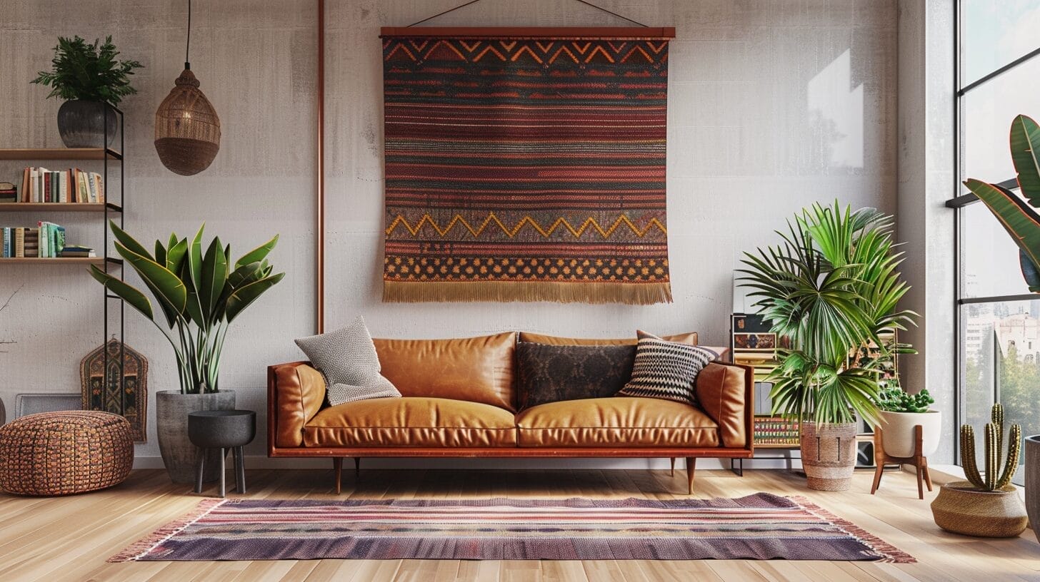 Een gezellige woonkamer met een bruine leren bank, diverse kussens met patronen en een opvallend vloerkleed aan de muur. Binnenplanten staan op houten planken naast een groot raam, terwijl een gestreept kleed de houten vloer complementeert.