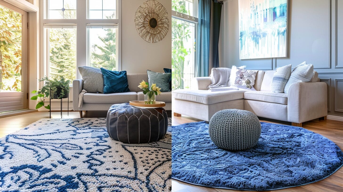 Twee woonkamers met een vergelijkbaar blauw en wit thema. Beide hebben natuurlijk licht, eigentijds meubilair, waaronder banken, kussens en een ronde gebreide poef. Elke kamer is verbonden met een rond of rechthoekig vloerkleed, wat een vleugje elegantie aan de ruimte toevoegt.