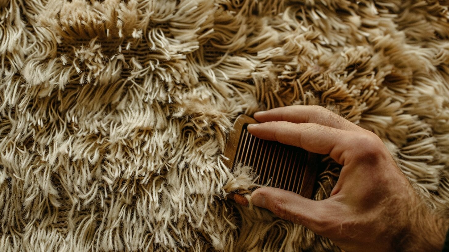 Een hand kamt een pluizig, beige hoogpolig vloerkleed met een houten kam, waardoor de textuur van de vezels wordt benadrukt.