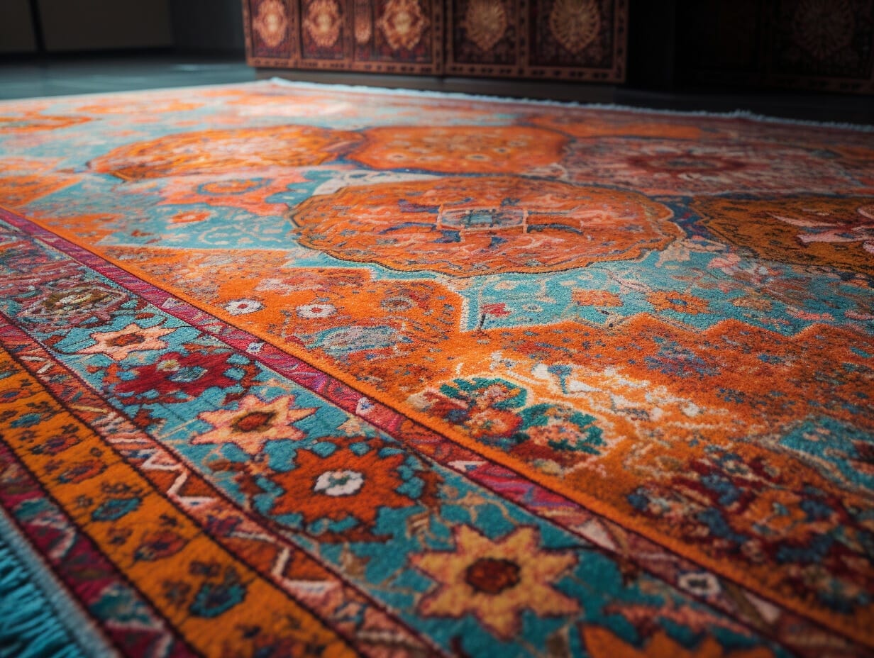 Een oranje Marokkaans Tapijtenkleed in een blauwe kamer.