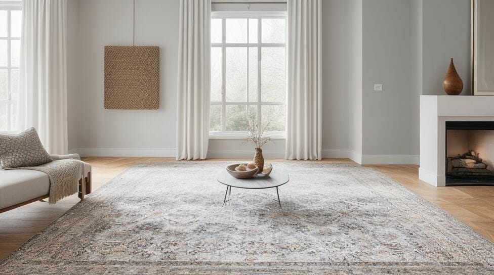 Een woonkamer met een groot vloerkleed en een open haard.