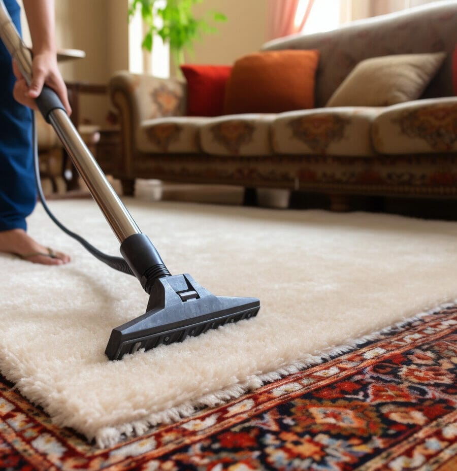 Een vrouw reinigt een tapijt met een stofzuiger.