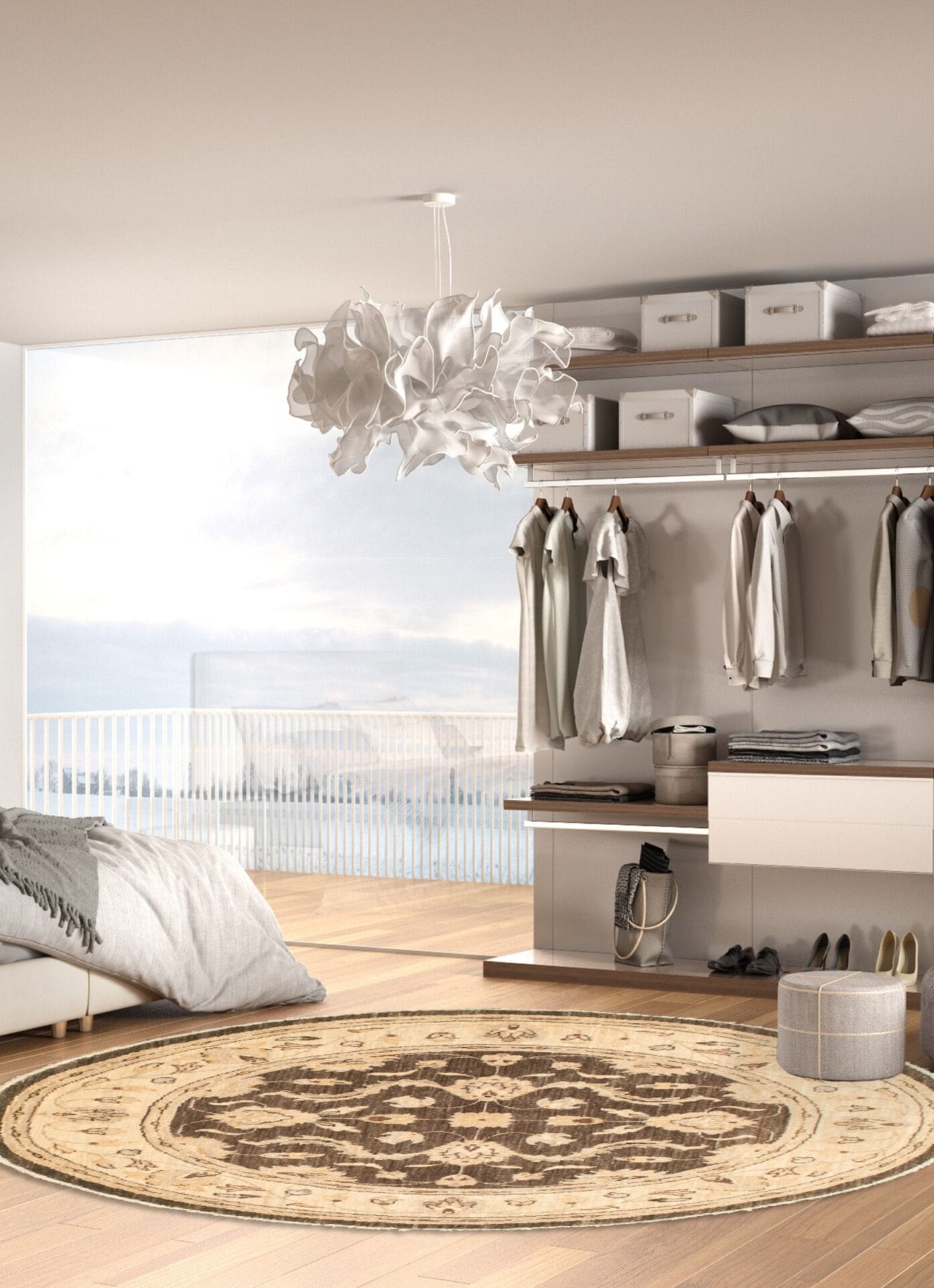 Midden in de kamer een rond vloerkleed.