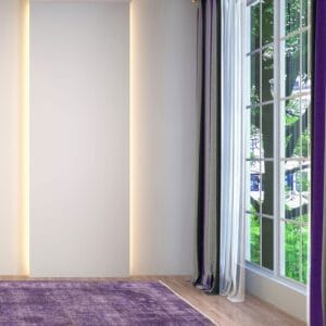 Een paars tapijt in een kamer met witte muren.