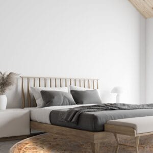 3D-weergave van een slaapkamer met een bed en een vloerkleed.