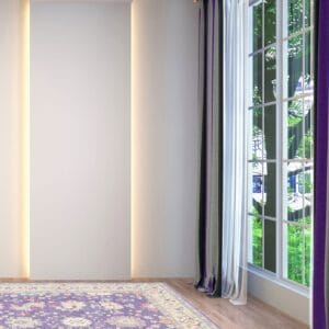 Een paars-wit vloerkleed in een kamer met een raam.