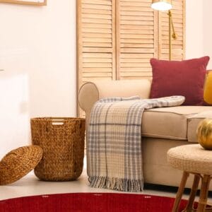 Een woonkamer met een rood tapijt en rieten mand.