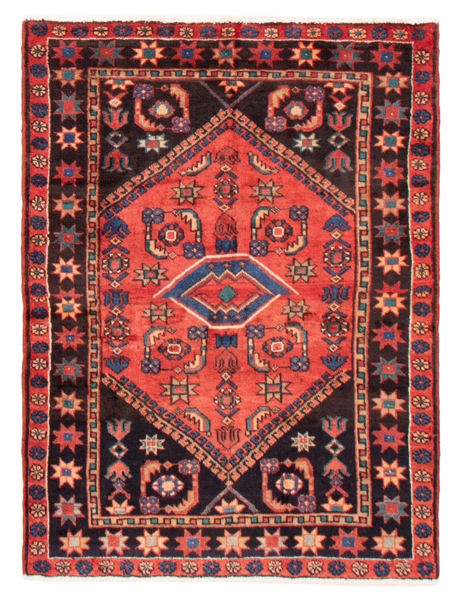 Een tapijt met een rood en blauw design.