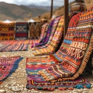 Kleurrijke handgemaakte tapijten die op een zonnige dag buiten worden tentoongesteld, met rubia-planten op de voorgrond en bergen op de achtergrond.