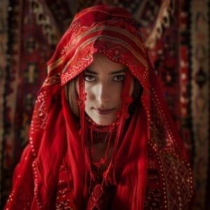 Een vrouw in een levendige, traditionele rubia-outfit met ingewikkelde patronen, haar gezicht gedeeltelijk bedekt door een sjaal, intens naar de camera starend.